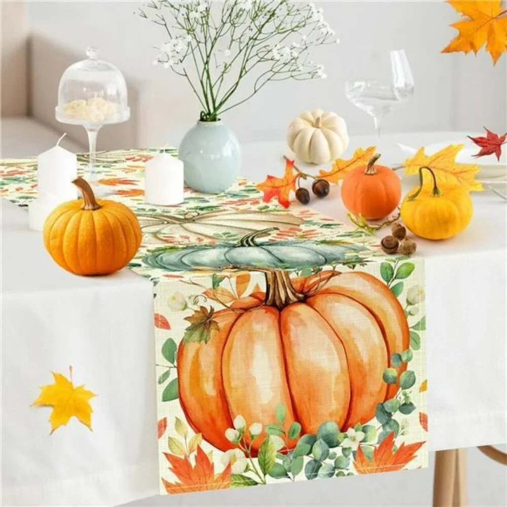 Pumpkin Eucalyptus Fall Table Runner 13x72 Thanksgiving Autumn Party Table Decor